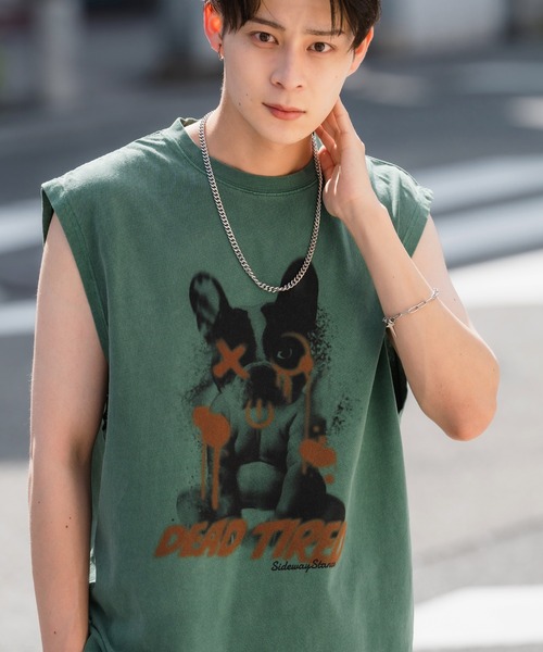 SIDEWAY STANCE（サイドウェイスタンス）の「【SIDEWAY STANCE】ヴィンテージ加工 プリント ノースリーブTシャツ（タンクトップ・メンズ・ブラック系1/ベージュ系/グリーン系/ベージュ系1/グリーン系1/ブラック系/グリーン/ベージュ/ブラック/グリーン系3/ベージュ系3/ブラック系2/グリーン系2/ベージュ系2/グリーン系4/ベージュ系4/ブラック系4/ブラック系3・X-LARGE/LARGE/MEDIUM/SMALL）」の14枚目の写真