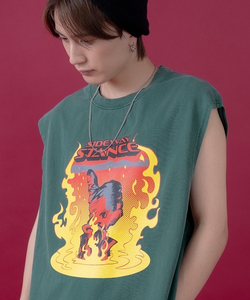 SIDEWAY STANCE（サイドウェイスタンス）の「【SIDEWAY STANCE】ヴィンテージ加工 プリント ノースリーブTシャツ（タンクトップ・メンズ・ブラック系1/ベージュ系/グリーン系/ベージュ系1/グリーン系1/ブラック系/グリーン/ベージュ/ブラック/グリーン系3/ベージュ系3/ブラック系2/グリーン系2/ベージュ系2/グリーン系4/ベージュ系4/ブラック系4/ブラック系3・X-LARGE/LARGE/MEDIUM/SMALL）」の16枚目の写真