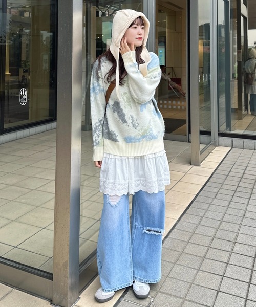 idem(イデム)の「watercolor loose knit/水彩柄ニット(ニット/セーター・レディース・アイボリー/グレー・FREE)」の4枚目の写真