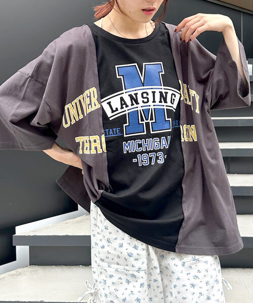 w closet(ダブルクローゼット)の「リメイク切替Tシャツ(Tシャツ/カットソー・レディース・ブラック/オフホワイト・FREE)」の2枚目の写真