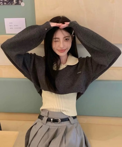 AsRiRe(アスリレイ)の「二点セット ショート丈ダメージニット+インナー(ニット/セーター・レディース・グレー/ブラック/ブラウン・M)」の15枚目の写真