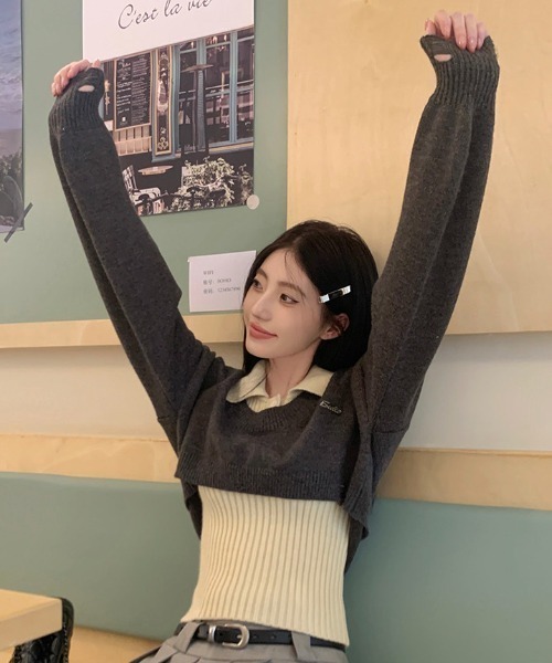AsRiRe(アスリレイ)の「二点セット ショート丈ダメージニット+インナー(ニット/セーター・レディース・グレー/ブラック/ブラウン・M)」の17枚目の写真