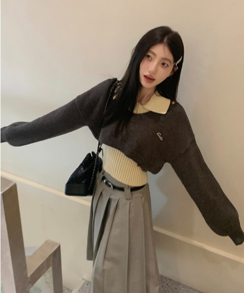 AsRiRe(アスリレイ)の「二点セット ショート丈ダメージニット+インナー(ニット/セーター・レディース・グレー/ブラック/ブラウン・M)」の19枚目の写真