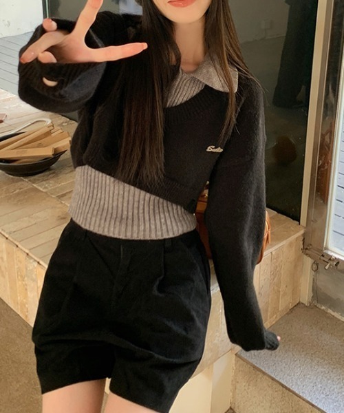 AsRiRe(アスリレイ)の「二点セット ショート丈ダメージニット+インナー(ニット/セーター・レディース・グレー/ブラック/ブラウン・M)」の4枚目の写真