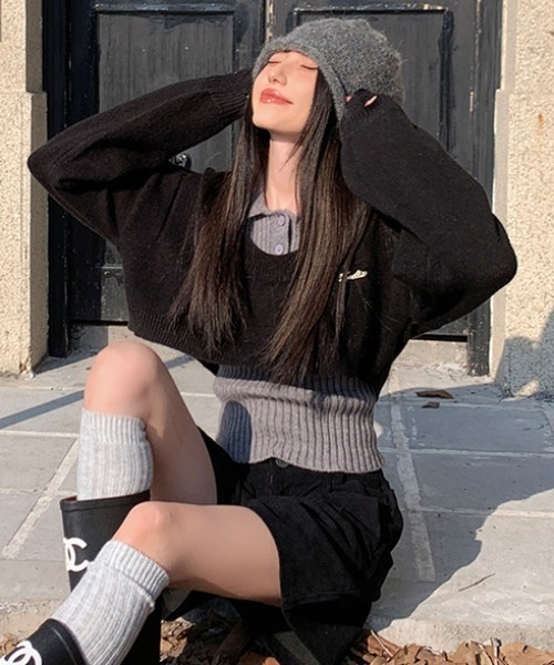 AsRiRe(アスリレイ)の「二点セット ショート丈ダメージニット+インナー(ニット/セーター・レディース・グレー/ブラック/ブラウン・M)」の14枚目の写真