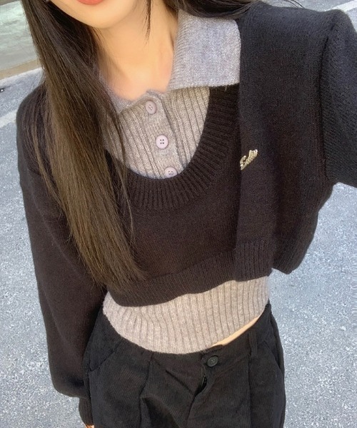 AsRiRe(アスリレイ)の「二点セット ショート丈ダメージニット+インナー(ニット/セーター・レディース・グレー/ブラック/ブラウン・M)」の10枚目の写真