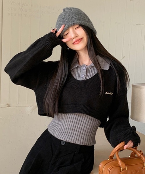 セール】二点セット ショート丈ダメージニット+インナー（ニット