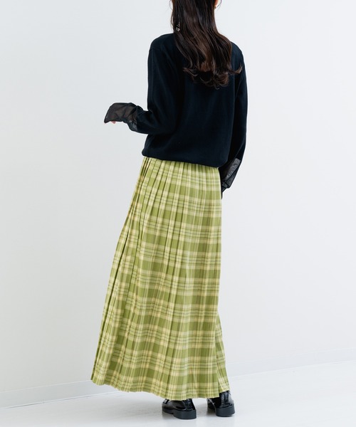 緑系チェック プリーツスカート ベルト付き ジュノア JUNOAH ベルト付きプリーツチェックスカート （グリーン