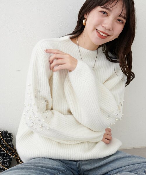 natural couture(ナチュラルクチュール)の「【WEB限定】ビジュースリーブもちもち畦ニット(ニット/セーター・レディース・ラベンダー/サーモンピンク/オフホワイト/グレー/ブラック・FREE)」の8枚目の写真