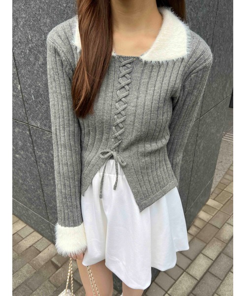 PHILLY(フィリー)の「【PHILLY】バイカラーレースアップトップス(Tシャツ/カットソー・レディース・グレー/ブラック/ホワイト・FREE)」の3枚目の写真