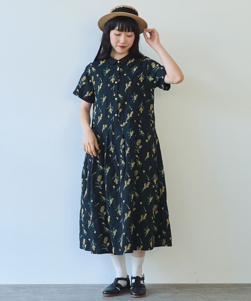 マーブルシュッド　ミモザ 刺繍 リネン混　シャツワンピース ネイビー マーブルシュッド ミモザ 刺繍 ワンピース 羽織り 花柄 総柄