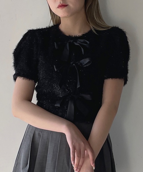 FRAY I.D◆24AW/フェザーリボンカーディガン/one/ポリエステル/ブラック/FWFB244237 FRAY I.D(フレイアイディー) / 24AW/フェザーリボンカーディガン