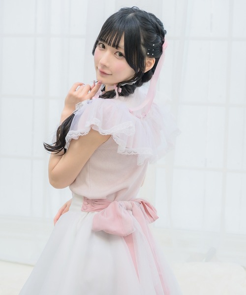 mellfy memory(メルフィーメモリー)の「Angelic tulle & ribbonニット(ニット/セーター・レディース・ホワイト/ピンク・FREE)」の4枚目の写真