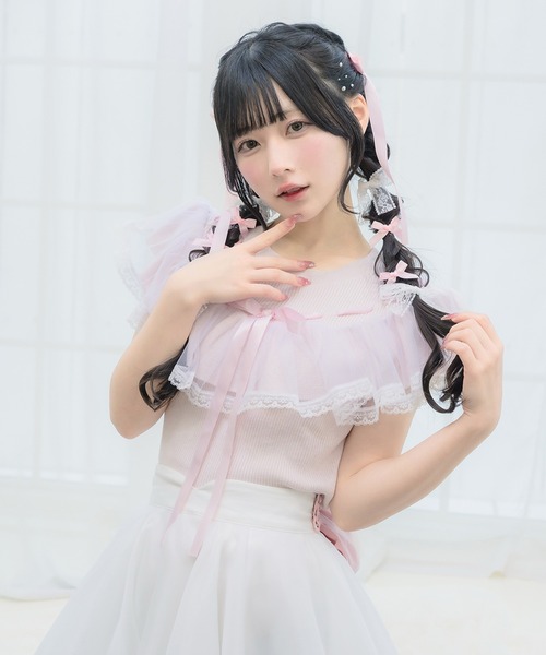 mellfy memory(メルフィーメモリー)の「Angelic tulle & ribbonニット(ニット/セーター・レディース・ホワイト/ピンク・FREE)」の3枚目の写真