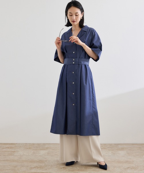 ROPE'（ロペ）の「【洗える】シャツワンピース（無地・ストライプ）（シャツワンピース・レディース・ホワイト系その他/ネイビー・FREE）」の2枚目の写真