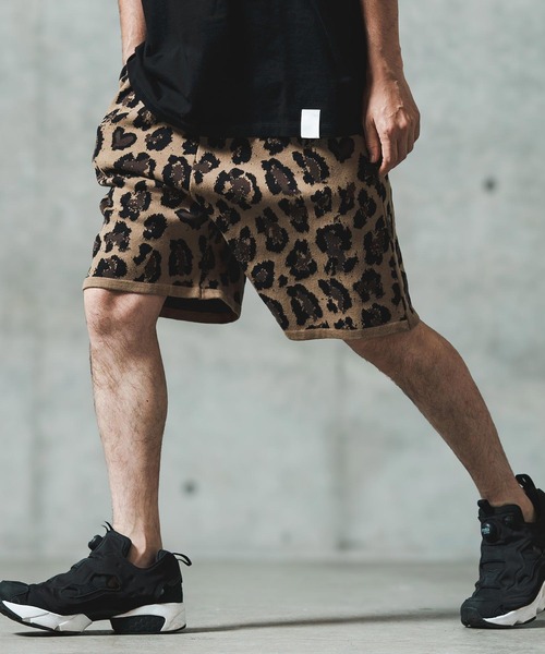 mp13550- Illusionism leopard pattern knit shorts ショート