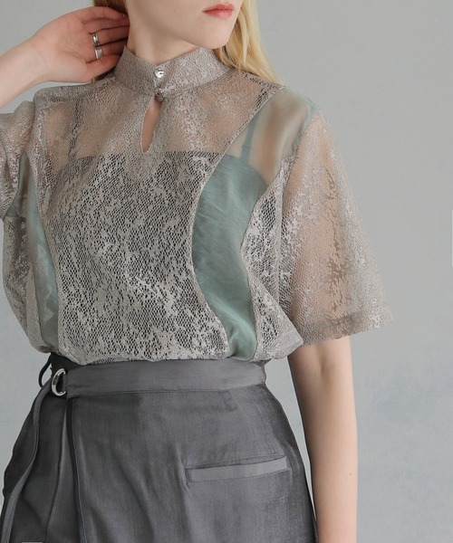 &g'aime(アンジェム)の「【&g'aime】カーブパネルメッシュトップス "Curved Panel Mesh Tops(シャツ/ブラウス・レディース・ブラック/グレイッシュベージュ・FREE)」の14枚目の写真