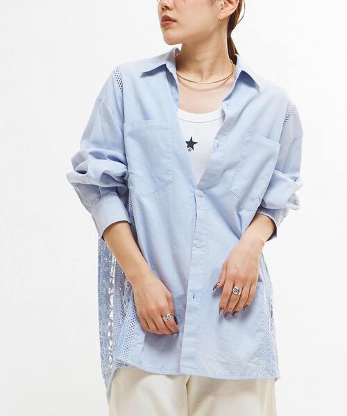 ブラウス シャツ 「STARLACE」ACID WASHING LACE DOCKING OVER SHIRT レディース メンズ STAR☆LACE】ACID WASHING LACE DOCKING OVER SHIRT（シャツ