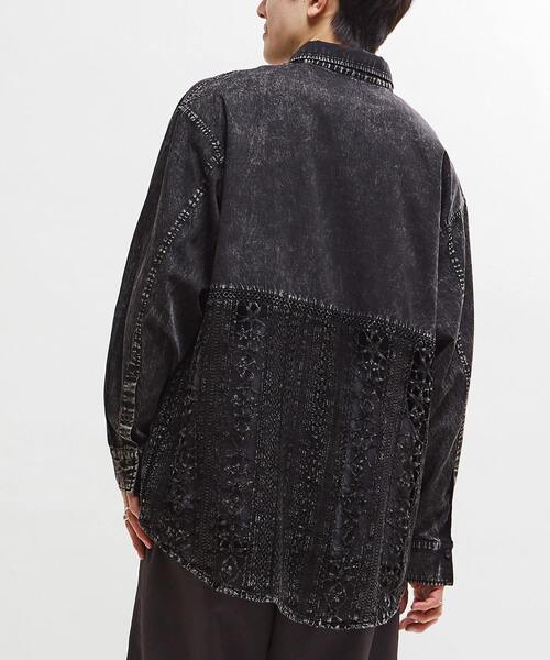 ブラウス シャツ 「STARLACE」ACID WASHING LACE DOCKING OVER SHIRT レディース メンズ STAR☆LACE】ACID WASHING LACE DOCKING OVER SHIRT（シャツ