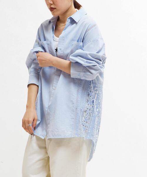 ブラウス シャツ 「STARLACE」ACID WASHING LACE DOCKING OVER SHIRT レディース メンズ STAR☆LACE】ACID WASHING LACE DOCKING OVER SHIRT（シャツ
