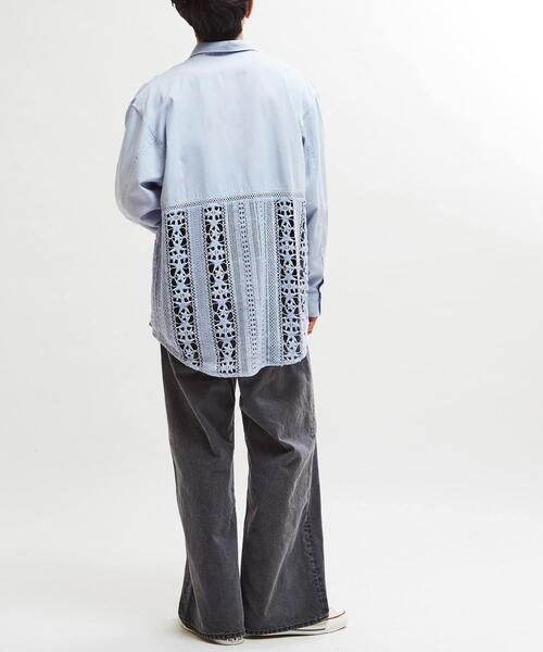 ブラウス シャツ 「STARLACE」ACID WASHING LACE DOCKING OVER SHIRT レディース メンズ STAR☆LACE】ACID WASHING LACE DOCKING OVER SHIRT（シャツ