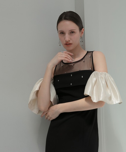 【Leja】結婚式二次会用ワンピース レジャ Leja スパンコール刺繍レースプチハイネックフリルロング