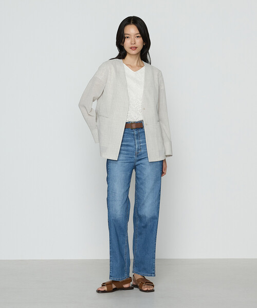 COMME CA（コムサ）の「【セットアップ対応】シアーボイルストライプ ジャケット（ノーカラージャケット・レディース・ブラック/ダークブラウン/キナリ・9号/11号）」の6枚目の写真