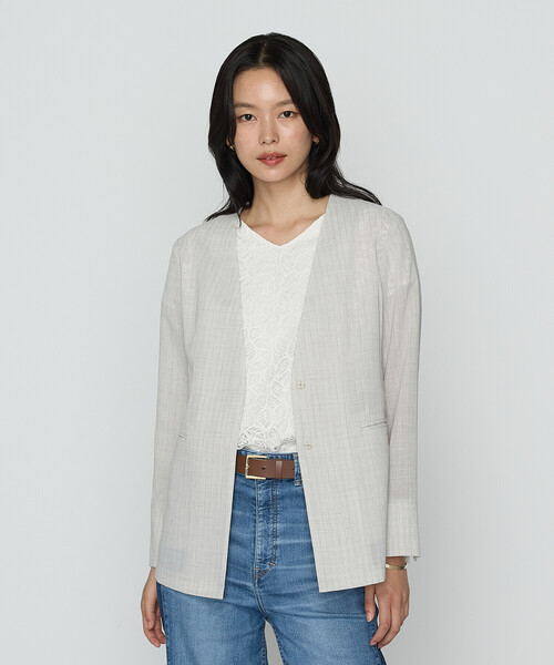 COMME CA（コムサ）の「【セットアップ対応】シアーボイルストライプ ジャケット（ノーカラージャケット・レディース・ブラック/ダークブラウン/キナリ・9号/11号）」の7枚目の写真