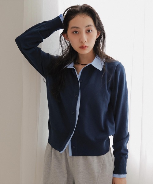 miette（ミエット）の「シャツレイヤード風カーディガン（カーディガン/ボレロ・レディース・グレー/イエロー/ネイビー/ブラウン/チャコール/ブラック/ブルー系その他/アイボリー・M/S）」の7枚目の写真