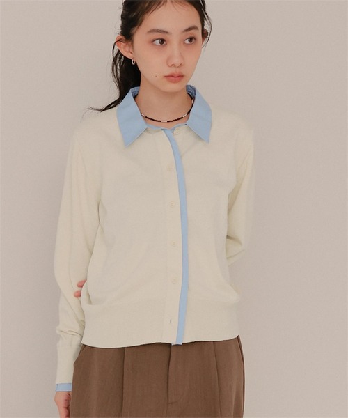 miette（ミエット）の「シャツレイヤード風カーディガン（カーディガン/ボレロ・レディース・グレー/イエロー/ネイビー/ブラウン/チャコール/ブラック/ブルー系その他/アイボリー・M/S）」の2枚目の写真