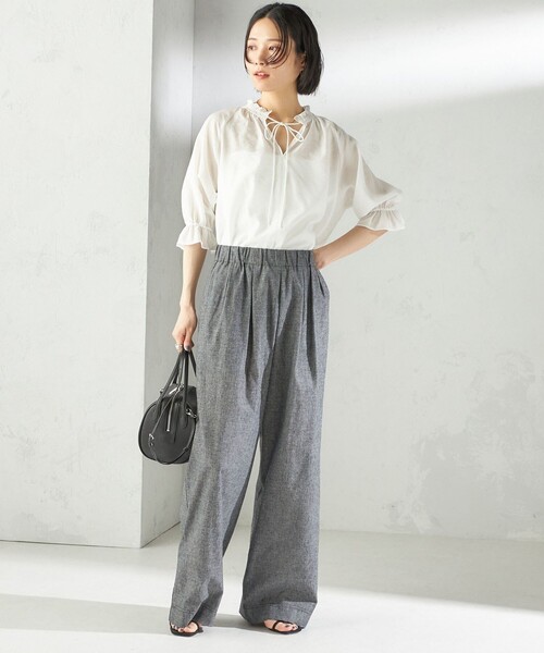 Y'sワイズ ウエストゴム＆紐 ワイドパンツ セール】〈接触冷感・手洗い可能〉麻混 シャンブレー ウエスト ゴム