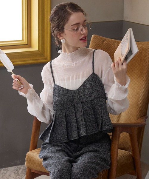 BONLECILL noir（ボンルシールノワール）の「【BONLECILL noir】＜セットアップ対応＞ツイードプリーツビスチェキャミソール（キャミソール・レディース・アイボリー/ブラック/グレー・FREE）」の7枚目の写真