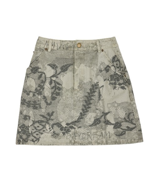 セール】MEDI TROMPE L'OEIL LACE PRINT MINI SKIRT（デニム