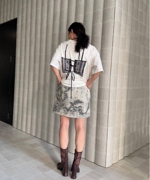 セール】MEDI TROMPE L'OEIL LACE PRINT MINI SKIRT（デニムスカート