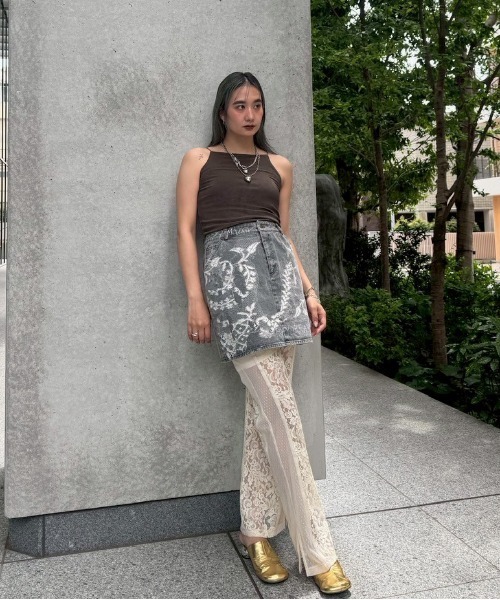 スカート MEDI TROMPE L'OEIL LACE PRINT MINI SKIRT セール】MEDI TROMPE L'OEIL LACE PRINT MINI SKIRT（デニム