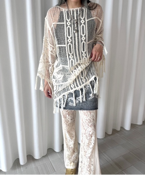 セール】MEDI TROMPE L'OEIL LACE PRINT MINI SKIRT（デニム
