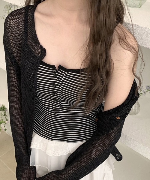 HALEY PESCA(ヘーリーペスカ)の「HALEY PESCA/カップ付き ボーダー柄 裾フリルヘンリーキャミソール(キャミソール・レディース・ホワイト/ブラック・FREE)」の2枚目の写真