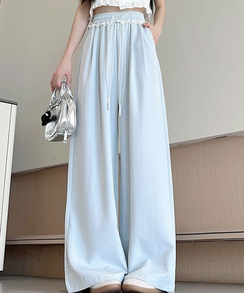 ADDITION STORE(アディションストア)の「【腰回りのレース使いが可愛いリラックスワイドパンツ】レースデザイン リラックス ワイドパンツ(その他パンツ・レディース・ブラック/ホワイト/イエロー/パープル/サックスブルー・MEDIUM/SMALL/LARGE)」の1枚目の写真