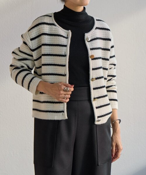 BEARDSLEY（ビアズリー）の「《15 quinze》ボーダー前後ニット（カーディガン/ボレロ・レディース・アイボリー/ブラック・FREE）」の13枚目の写真