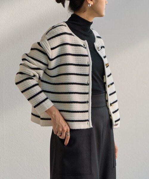 BEARDSLEY（ビアズリー）の「《15 quinze》ボーダー前後ニット（カーディガン/ボレロ・レディース・アイボリー/ブラック・FREE）」の22枚目の写真
