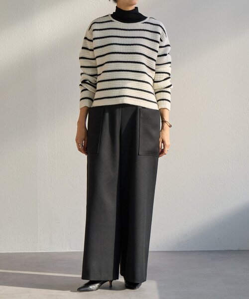 BEARDSLEY（ビアズリー）の「《15 quinze》ボーダー前後ニット（カーディガン/ボレロ・レディース・アイボリー/ブラック・FREE）」の3枚目の写真