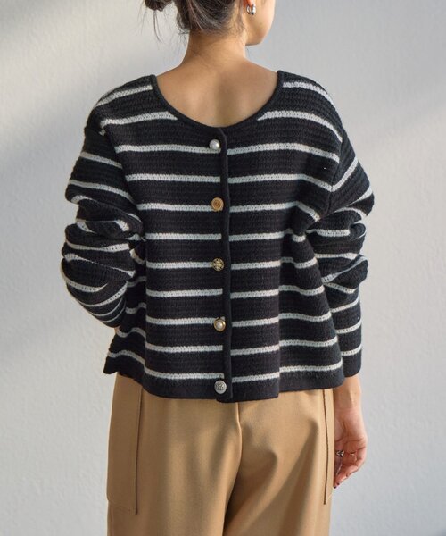 BEARDSLEY（ビアズリー）の「《15 quinze》ボーダー前後ニット（カーディガン/ボレロ・レディース・アイボリー/ブラック・FREE）」の12枚目の写真
