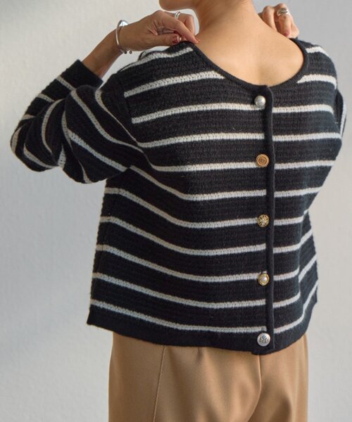 BEARDSLEY（ビアズリー）の「《15 quinze》ボーダー前後ニット（カーディガン/ボレロ・レディース・アイボリー/ブラック・FREE）」の19枚目の写真