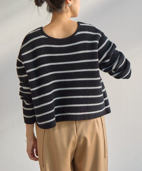 BEARDSLEY（ビアズリー）の「《15 quinze》ボーダー前後ニット（カーディガン/ボレロ・レディース・アイボリー/ブラック・FREE）」の6枚目の写真