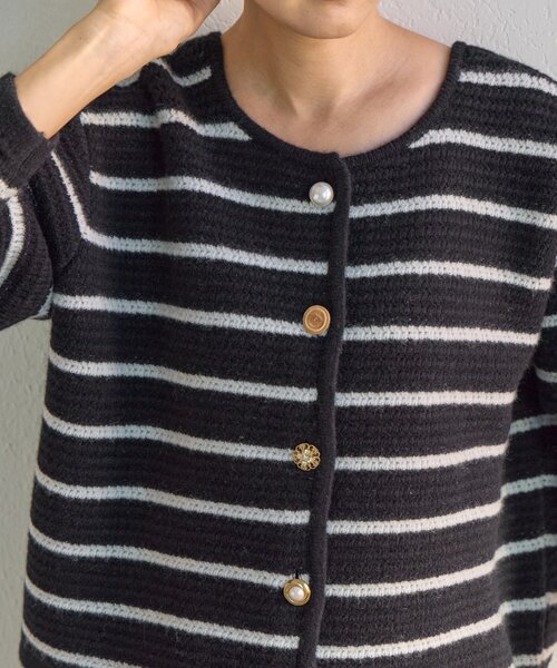 BEARDSLEY（ビアズリー）の「《15 quinze》ボーダー前後ニット（カーディガン/ボレロ・レディース・アイボリー/ブラック・FREE）」の14枚目の写真