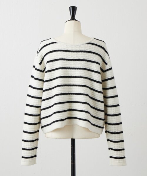 BEARDSLEY（ビアズリー）の「《15 quinze》ボーダー前後ニット（カーディガン/ボレロ・レディース・アイボリー/ブラック・FREE）」の15枚目の写真