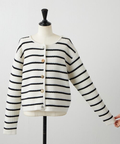 BEARDSLEY（ビアズリー）の「《15 quinze》ボーダー前後ニット（カーディガン/ボレロ・レディース・アイボリー/ブラック・FREE）」の8枚目の写真