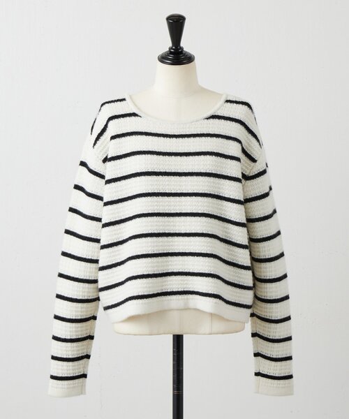 BEARDSLEY（ビアズリー）の「《15 quinze》ボーダー前後ニット（カーディガン/ボレロ・レディース・アイボリー/ブラック・FREE）」の21枚目の写真