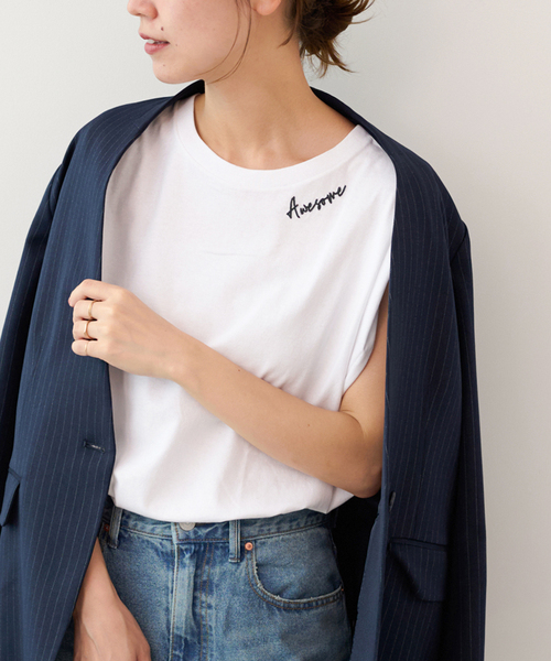 JOURNAL STANDARD relume（ジャーナルスタンダード　レリューム）の「《追加3》刺繍ロゴフレンチTEE（Tシャツ/カットソー・レディース・ホワイト系その他/ブラック系その他/ホワイト×ホワイト・FREE）」の14枚目の写真