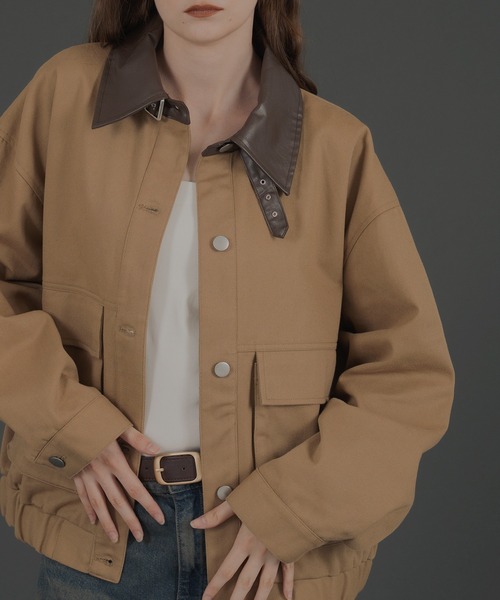 Mili affinity（ミリアフィニティー）の「フェイクレザー切り替えバイカラーワークジャケット（ブルゾン・レディース・ブラック/ベージュ/ブラウン・FREE）」の7枚目の写真